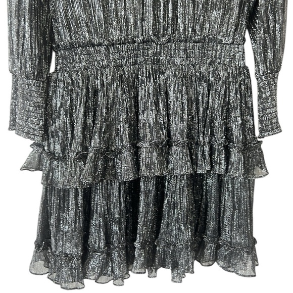 NWT Misa Los Angeles Black Silver Sheer Bodice Ruffled L/S Mini Dress Small - Picture 2 of 10